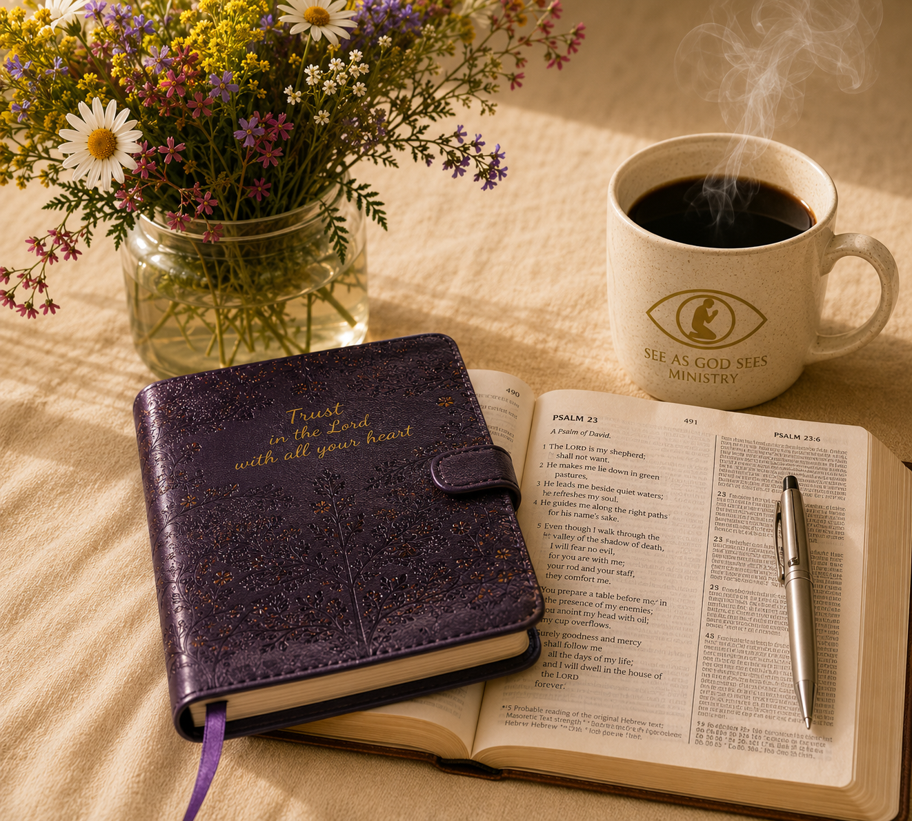Open Bible, purple prayer journal, flowers, and coffee with the See As God Sees Ministry mug