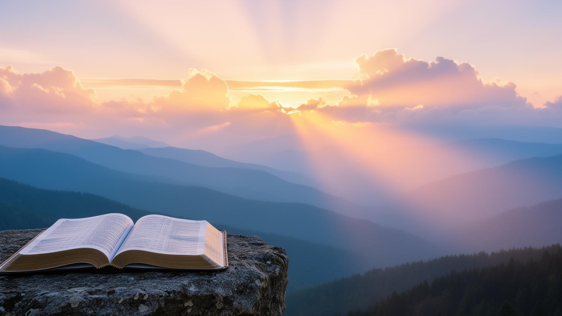 Sunrise over mountains with an open Bible